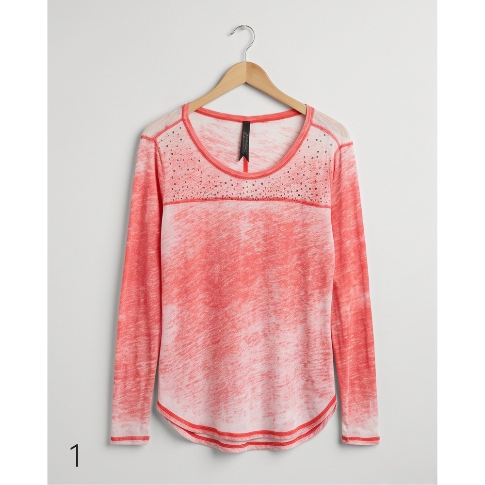 Seven7 Women Coral Orange Sheer Rhinestone Burnout Long Sleeve Blouse Top M